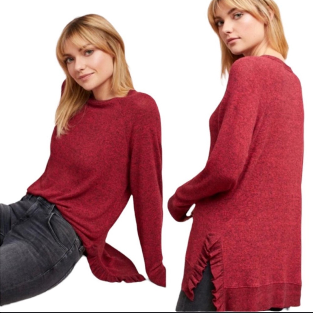 Anthropologie Postmark Gia Sweater Marled Ruffle Split Hem Red Womens Size small